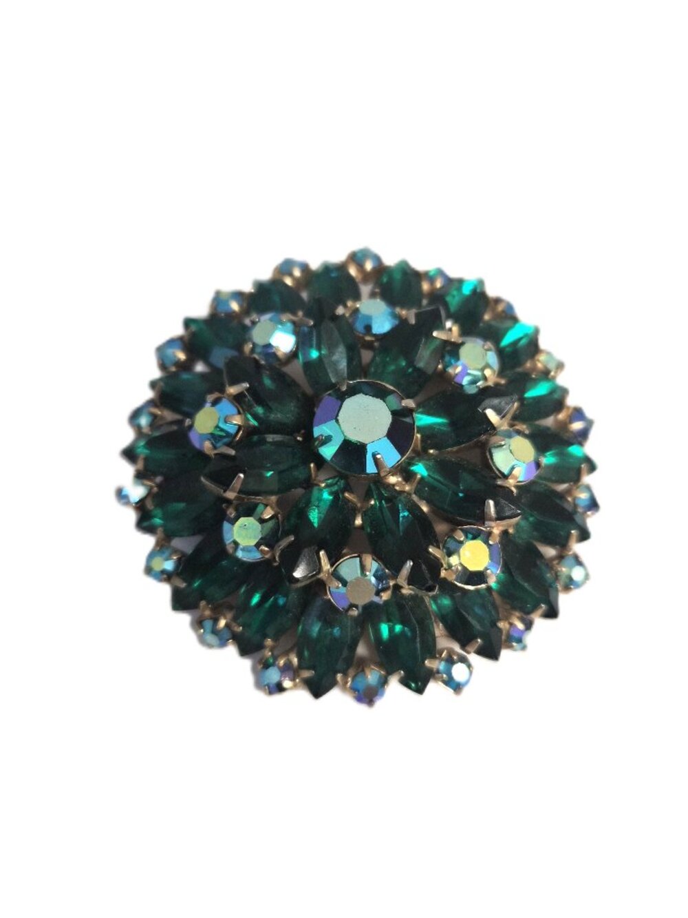 VTG Emerald Green Rhinestone Dome Brooch Unsigned Weiss Mid-Century Regencycore